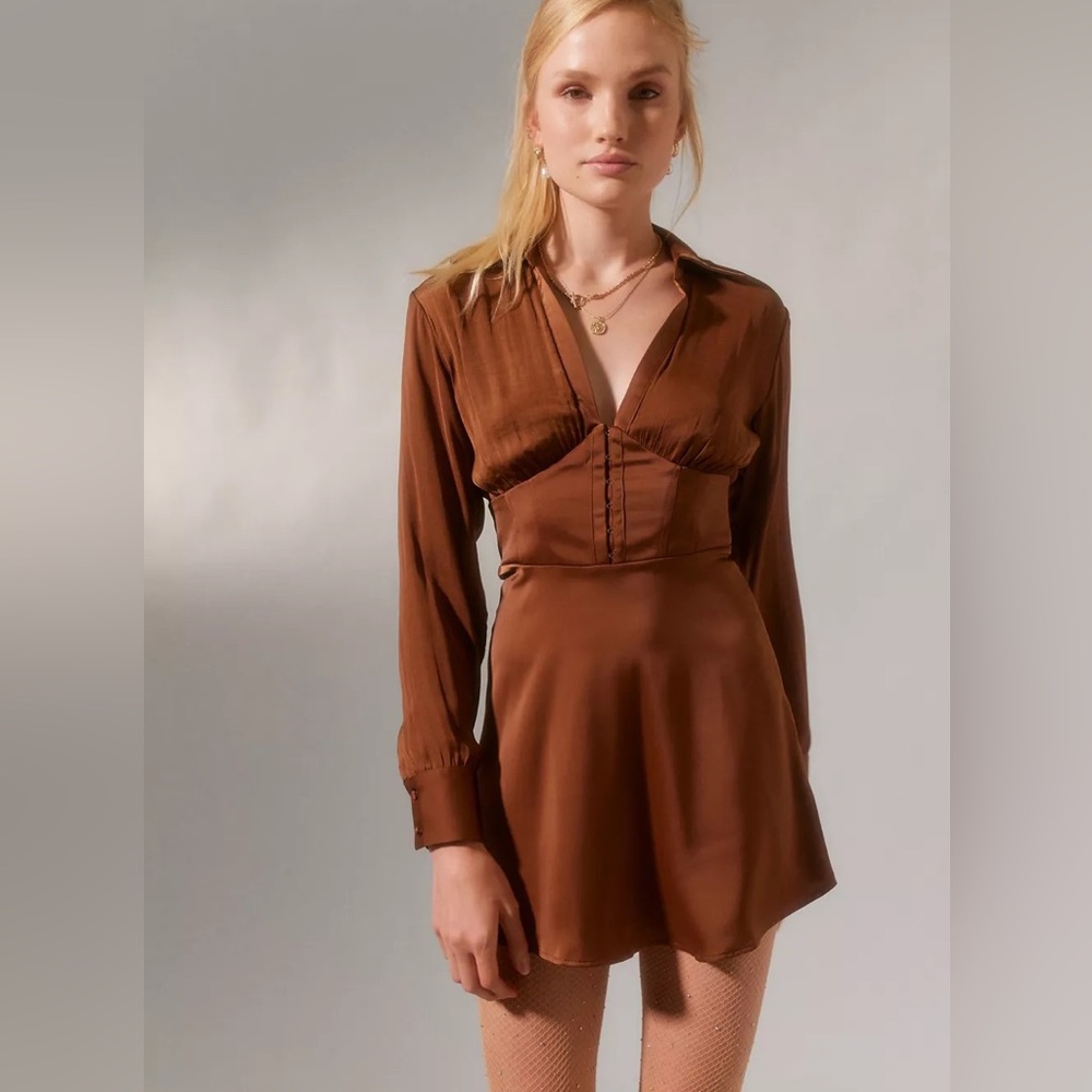 UO Phoebe Corseted Shirt Dress brown